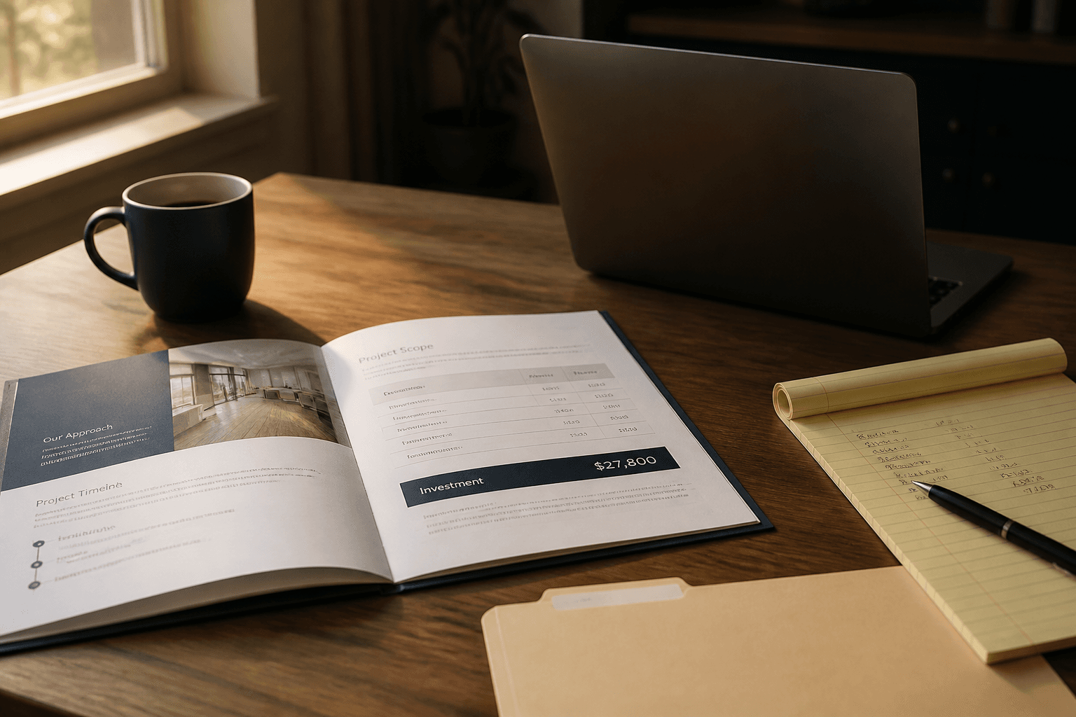 A quiet office desk with an open quote packet, a notepad, and a laptop — the paper trail of a lead becoming a priced offer.