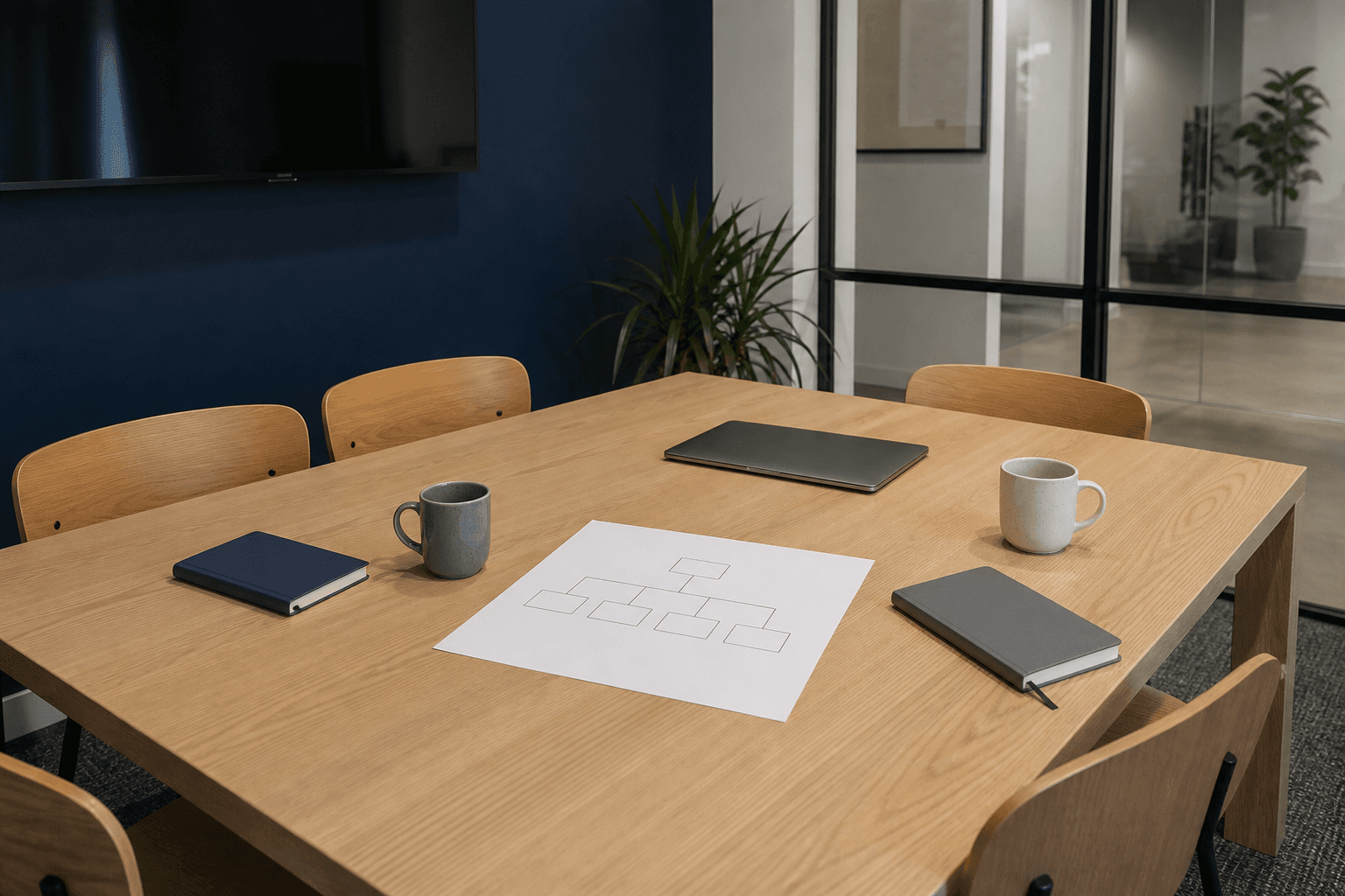 An empty meeting table after a standup: chairs, notebooks, mugs, and a simple org sketch next to a closed laptop.