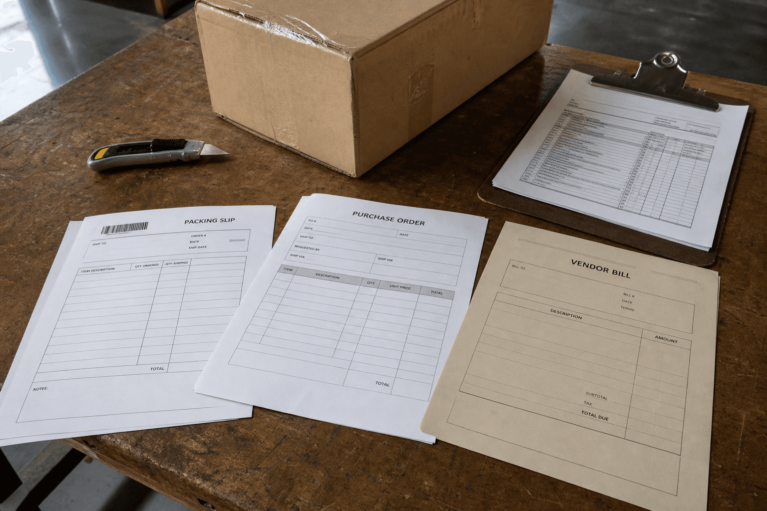 A receiving table with a purchase order, packing slip, vendor bill, and an open carton on a workbench.