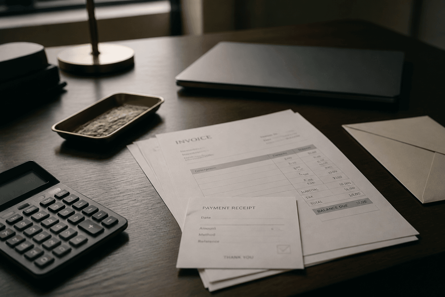 An invoice and payment receipt stacked on a dark desk with a calculator and an envelope after a quote is accepted.
