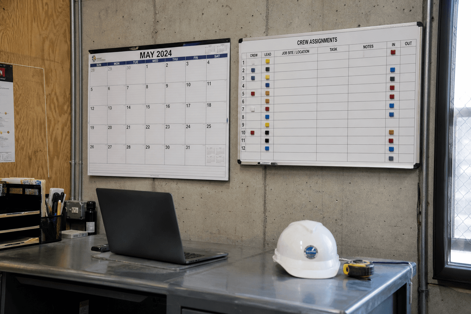 A wall calendar and crew board beside a field-service desk, with a laptop and a tape measure ready for the next visit.