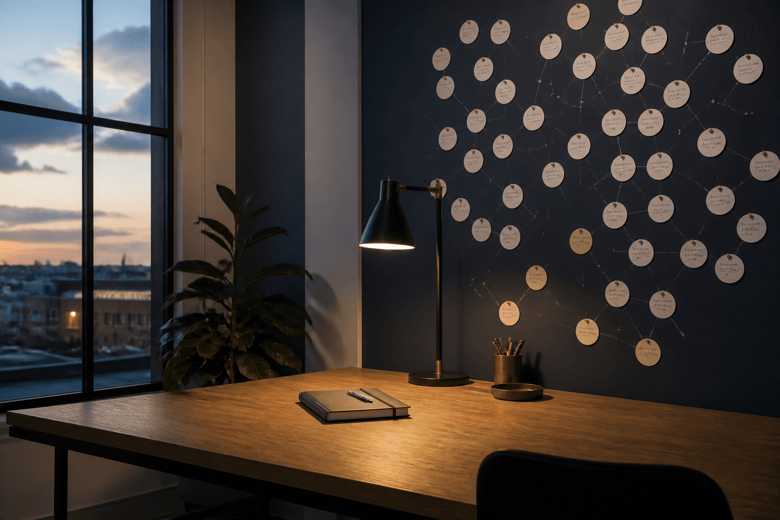 A quiet studio desk and a wall of small paper dots at dusk.