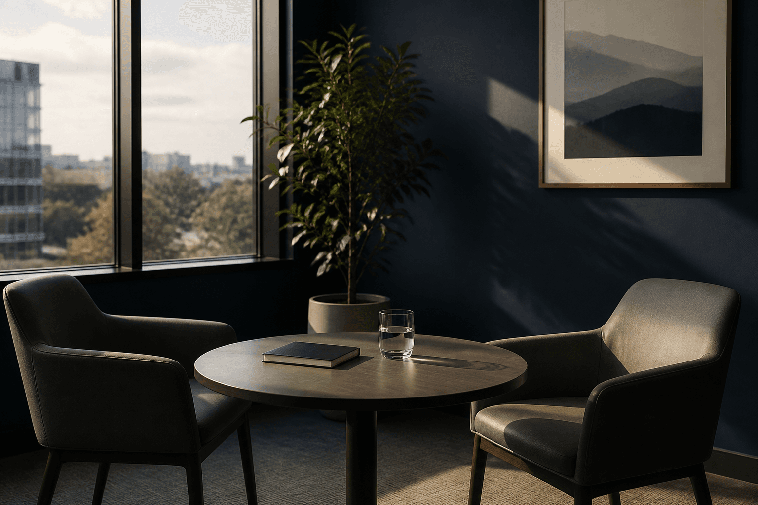 An empty meeting nook by a window, ready for a conversation.