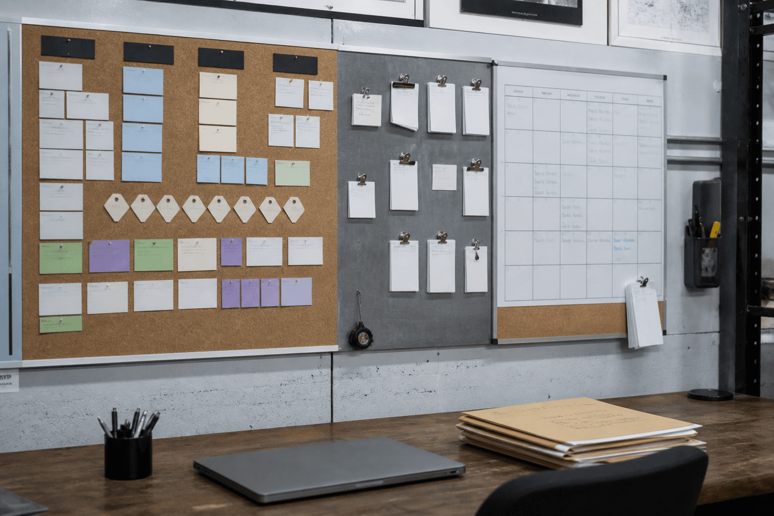 A workshop office board of workflow cards and folders beside a laptop.