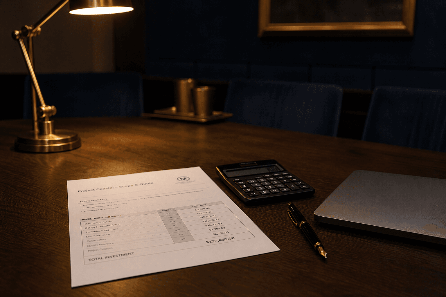 A scoped price sheet, calculator, and pen on a meeting table.