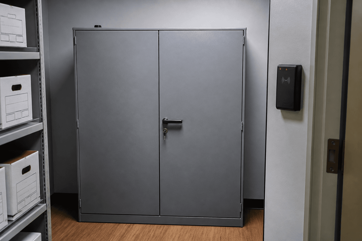 A locked records cabinet and key-card reader in a small office closet.