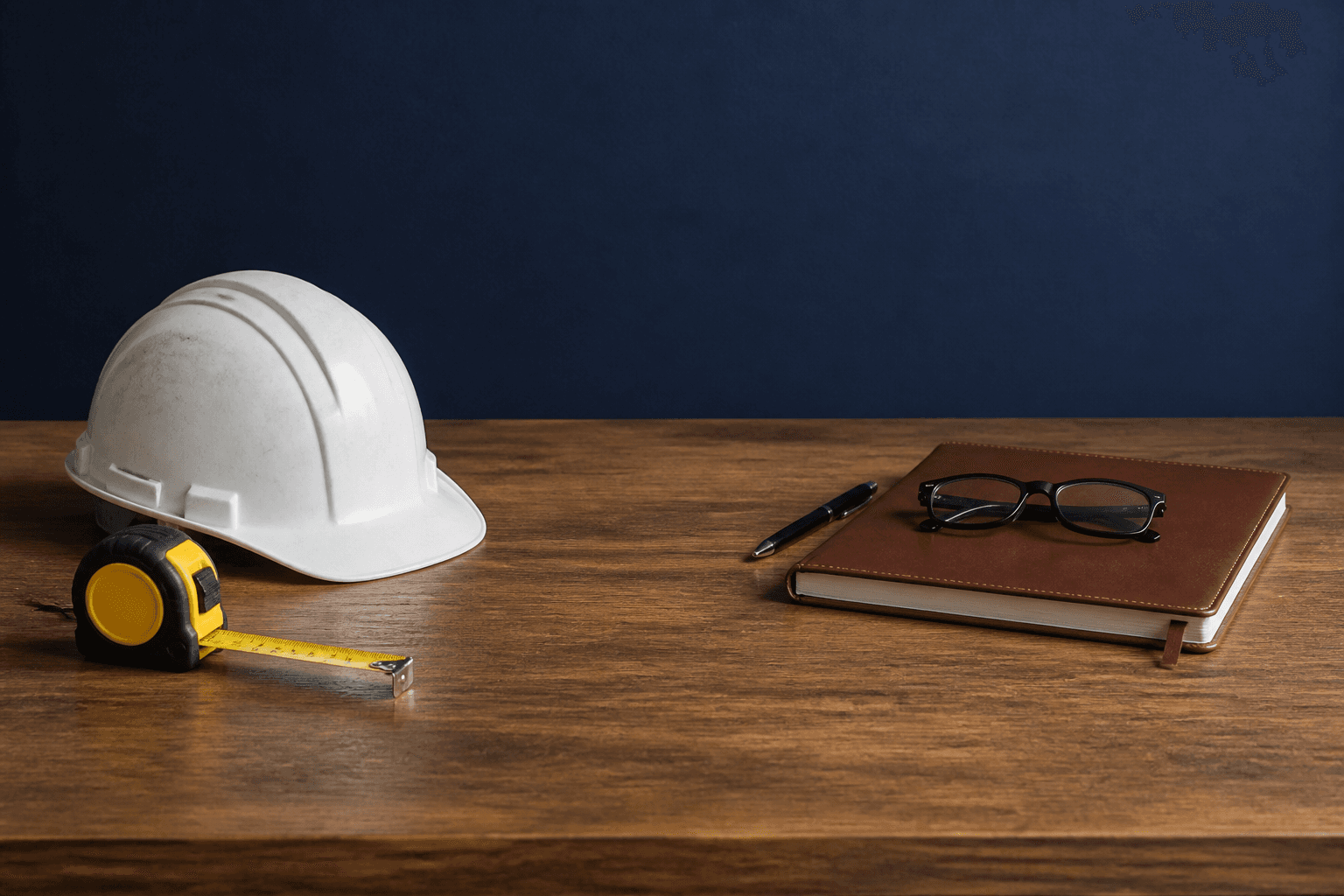 Field tools and a professional notebook sharing one oak table.